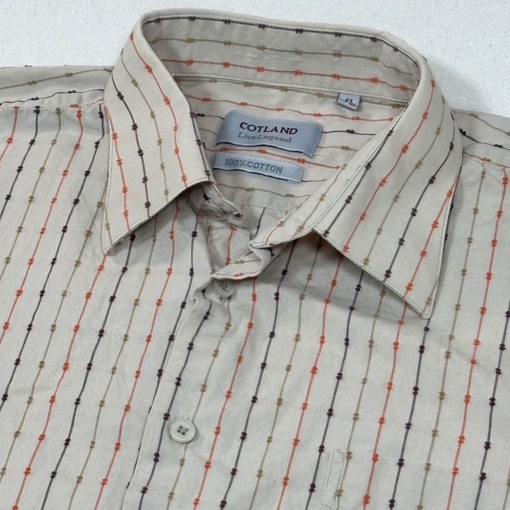 Cotland Live Legend Mens XL Beige Dobby Stripe Cotton Short Sleeve Button Retro